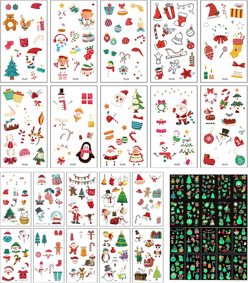20 vellen fluorescerende tatoeages, tatoeages voor kinderen, meisjes, jongens, neontatoeages, Kerstmis, tijdelijke tatoeages, kinderen, voor kerstdecoratie, fosforescerende tatoeages, kinderen