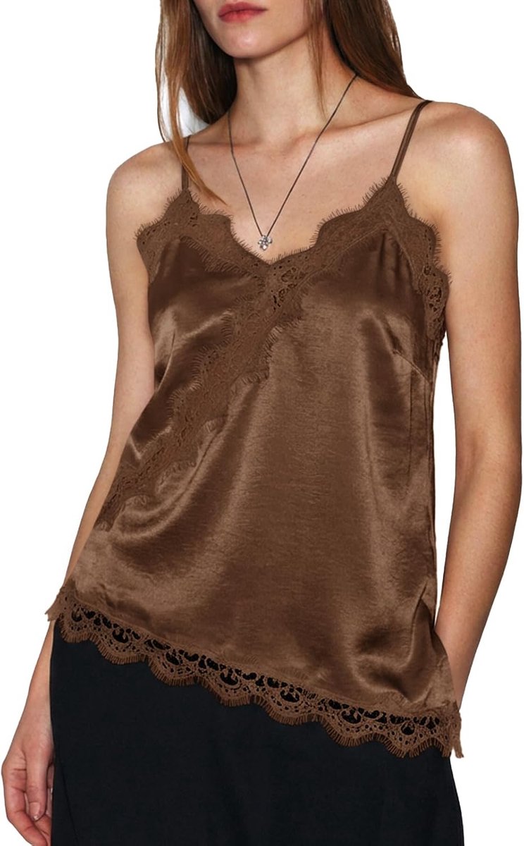 Bell Dames kanten tops V-hals satijn tanktop mouwloos rugvrij camisole zomer spaghettishirts met asymmetrische zoom
