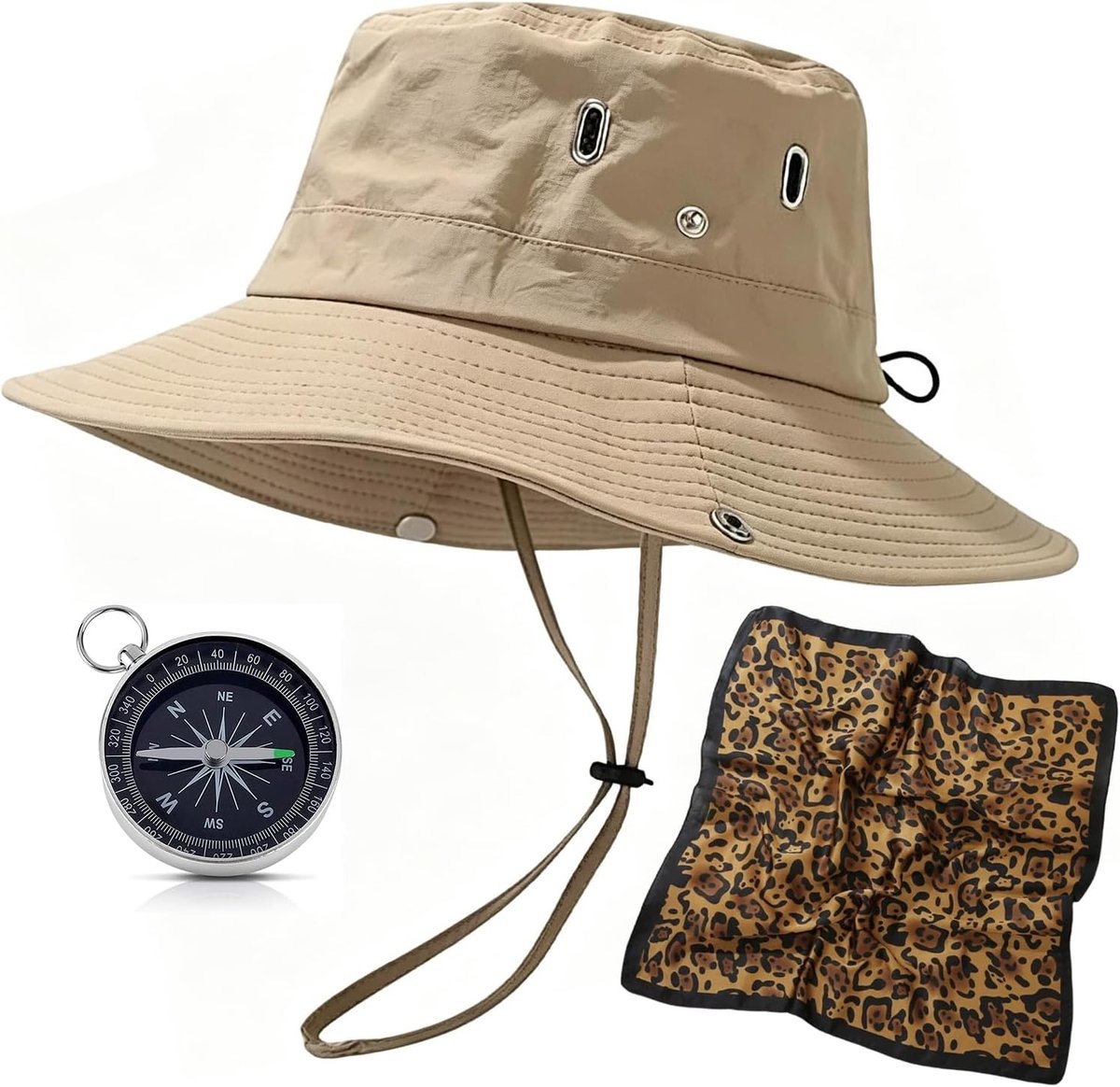 Set van 3 safari-kostuumaccessoires, dierentuin bewaker, verkenningshoed, luipaardsjaal en kompas, voor outdoor-avontuur en carnaval