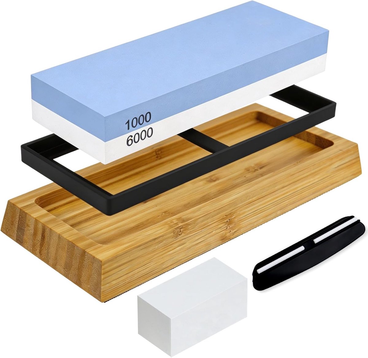 Slijpsteen, set voor messen 1000/6000, professionele 5-in-1 messenslijper, wetsteen, met antislip bamboebasis, platte steen, hoekgeleiding, antislip siliconen basis