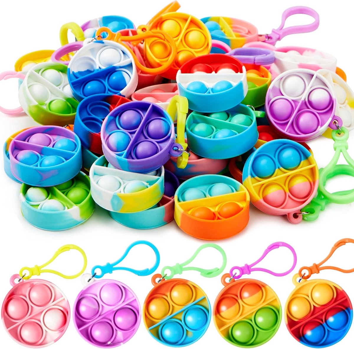 Pop Fidget Toys 30 stuks ronde sleutelhangers voor kinderen van 4-8, 8-12 jaar, verjaardag, traktatiezakjes, cadeaus voor de eerste schooldag, cadeaus voor studenten, klasprijzen