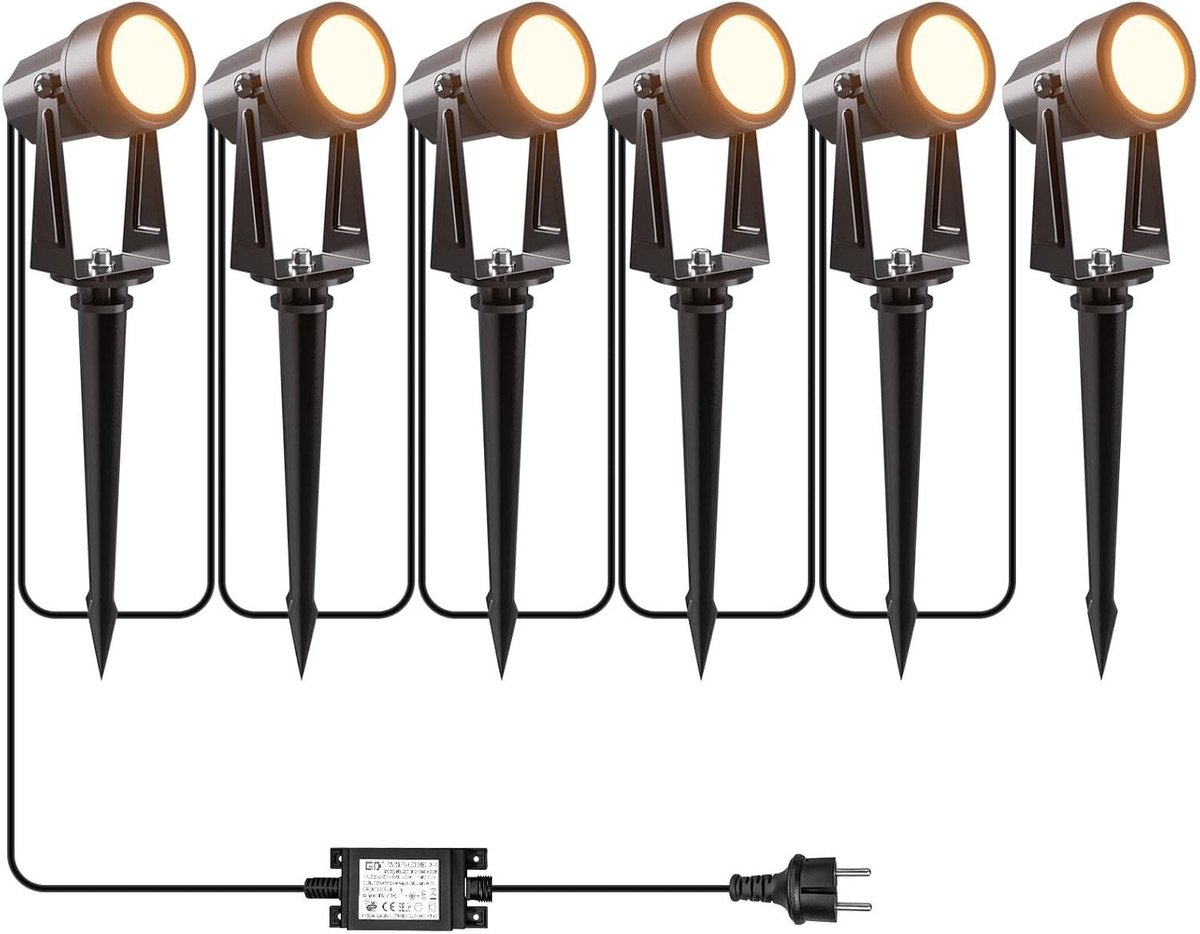 LED Tuinspots Set van 6 - Warm Wit 3000K - 6-IN-1 - Waterdichte Buitenverlichting met 20M Voedingssnoer - Voor Paden en Terrassen