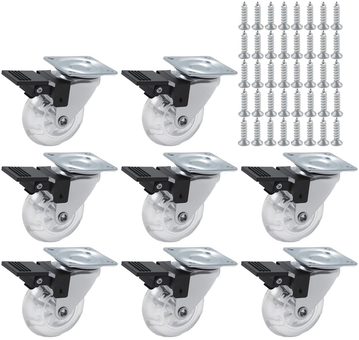 Set van 8 meubelwielen 50 mm met rem, PU-wielen met stalen kogellagers voor zware meubels, stil en krasbestendig voor laminaat en parket