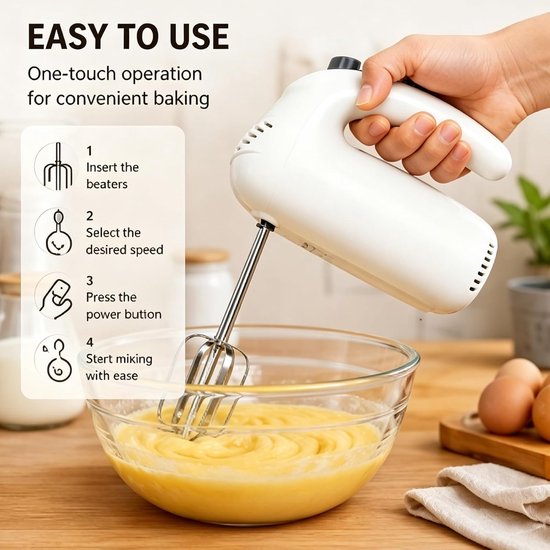 Handmixer, 350 W, handmixer met 5 snelheden, handmixer, elektrische garde, ideaal voor room, cake, deeg, eieren en bakken in de keuken, wit — afbeelding 4