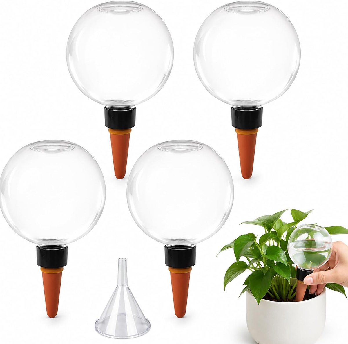 4 stuks zelfbewaterende ballonnen, 500 ml irrigatieballonnen, automatische bewateringsballen, transparant, met trechter, geschikt voor planten binnen en buiten