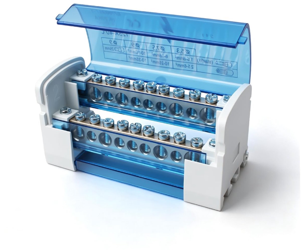 1Pcs klemmenblok verdeelkast 125A 2 in 20 uit, Din Rail klemmenstroken verdeelkast blauwe behuizing