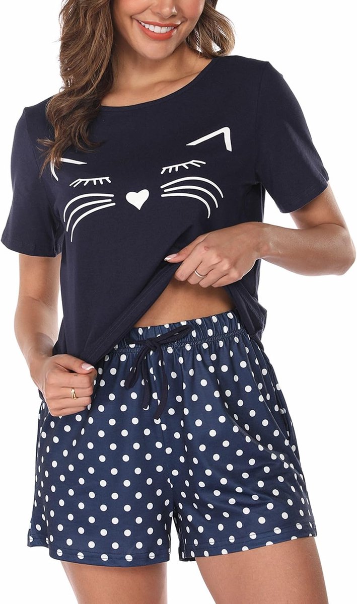 Pyjama's Dames Korte Katoenen Nachtkleding met Korte Mouwen Tweedelige Zomer Set met T-Shirt en Pyjamabroek Loungewear