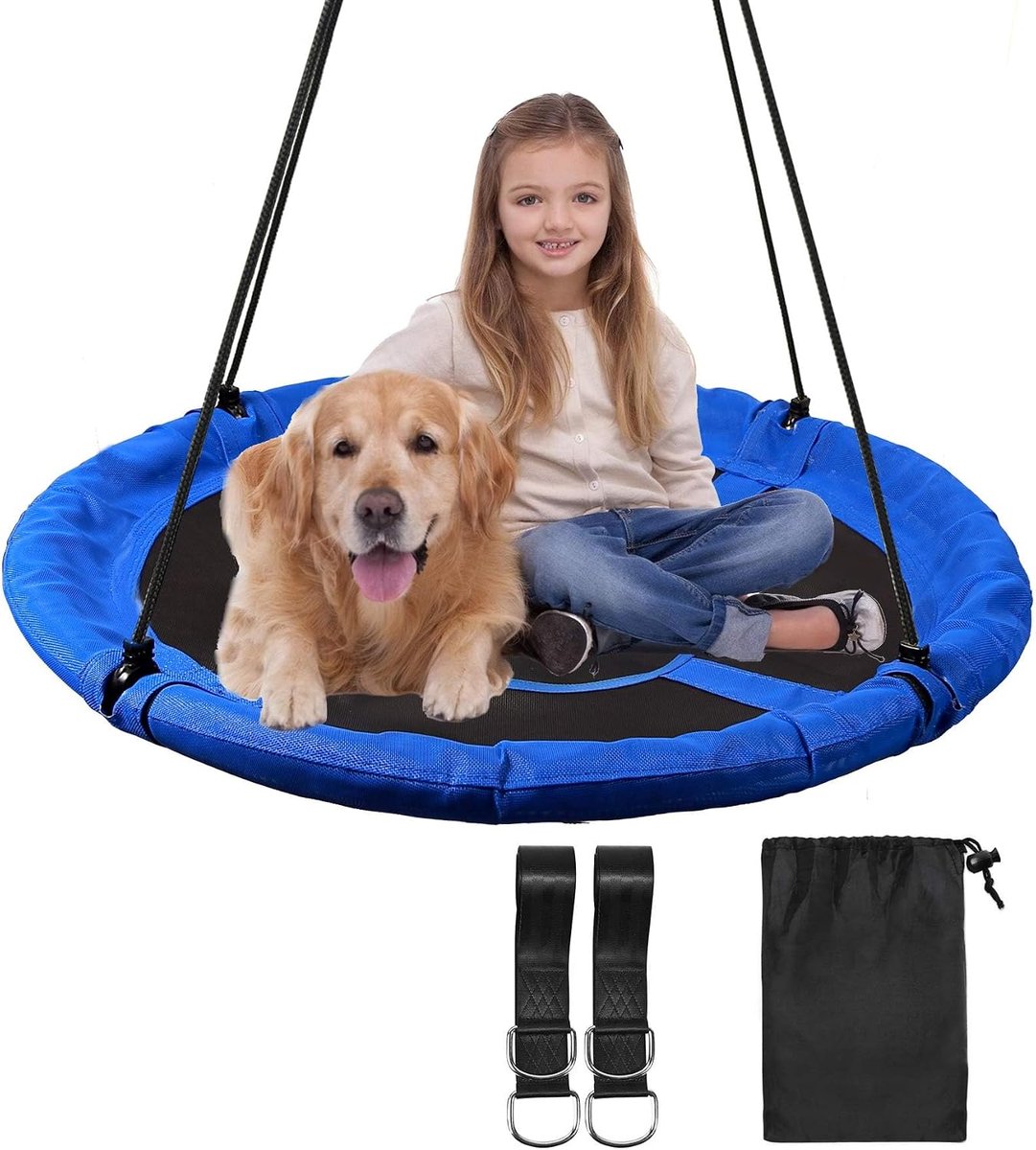 Nestschommel voor kinderen, 110 cm, voor binnen en buiten, grote ronde boomschommel, draagvermogen 500 kg, ideaal voor boom, achtertuin, speelplaats, tuin, blauw