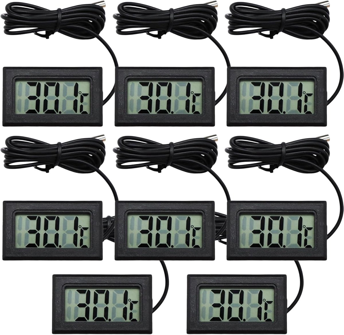 8 stuks digitale mini-lcd-thermometer: -20 °C ~ +110 °C digitale thermometer binnen, temperatuurweergave, thermometer met externe sensor, temperatuurbewaking koelkast, voor aquarium en koelkast