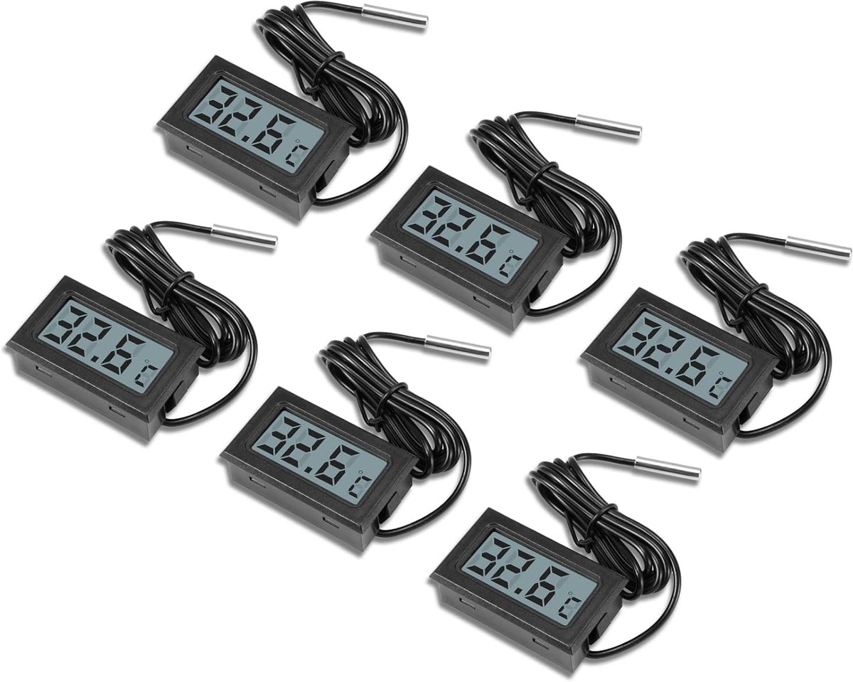 6 stuks digitale mini-lcd-thermometer, digitale lcd-temperatuurmonitor met externe sensor, temperatuurbewaking, thermometer met sensor, voor koelkast, vriezer, aquarium
