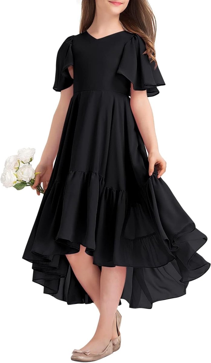 Zomerjurk voor meisjes, V-hals, ruches, casual, A-lijn, vloeiend, lang, lang, partyjurk, elegante lange avondjurk