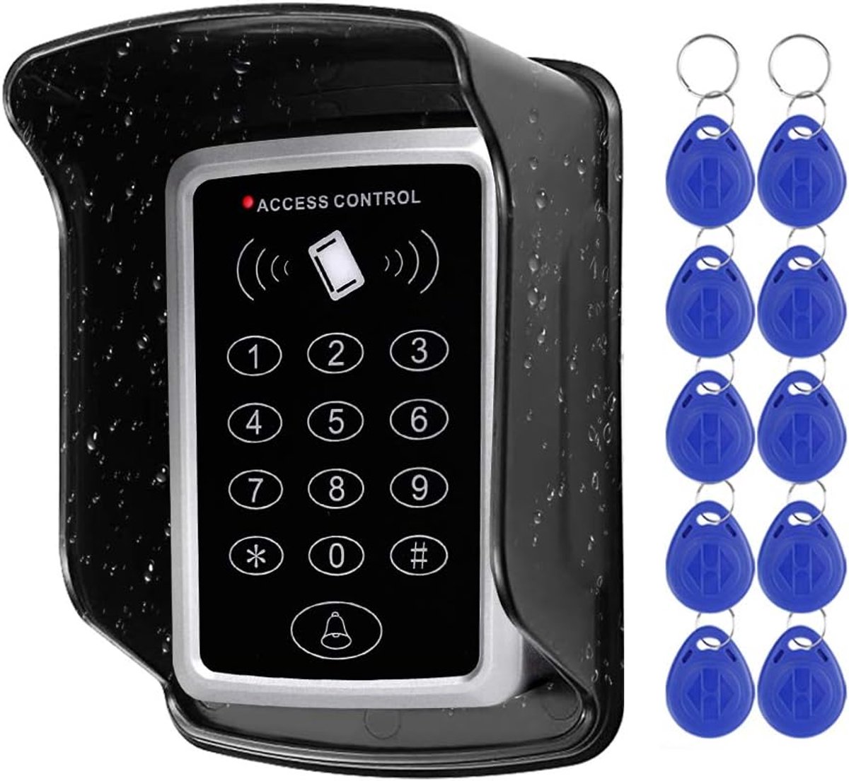 RFID-toetsenbord, toegangscontrolesysteem, 125 kHz EM-kaartlezer, waterdichte regendichte bescherming, 10 stuks RFID-sleutelhangers, metaal, zwart, voor thuis, appartement, kantoor