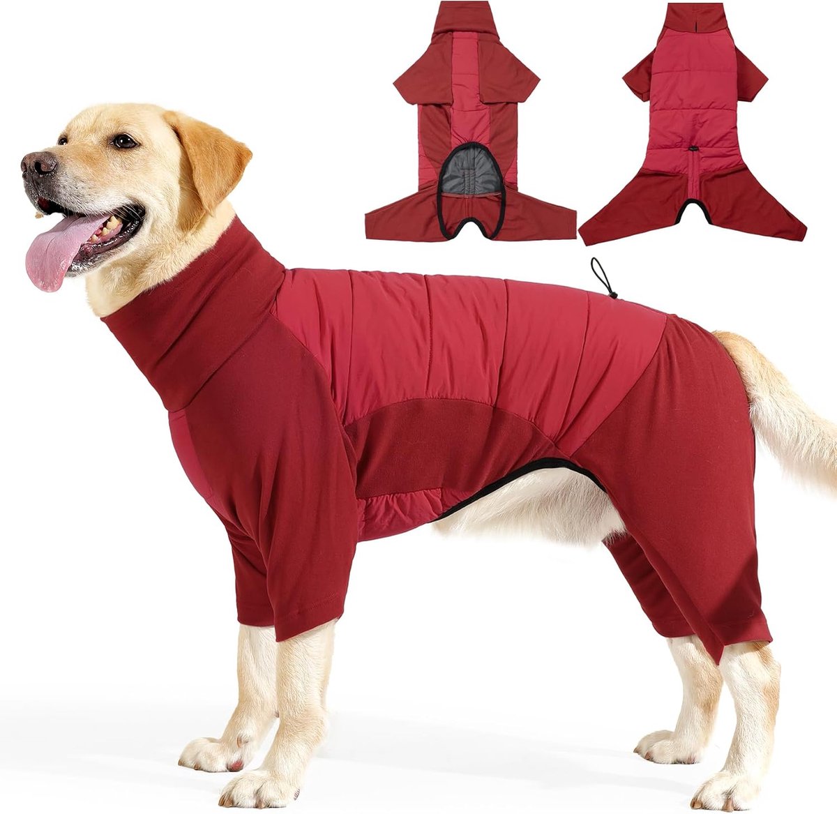 Hondenjas met Benen Jumpsuit Fleece Winddicht Hondenjas met Coltrui, Warme Honden Full Body Pyjama met Riemgat voor Kleine, Middelgrote en Grote Honden (Rood, XXL)