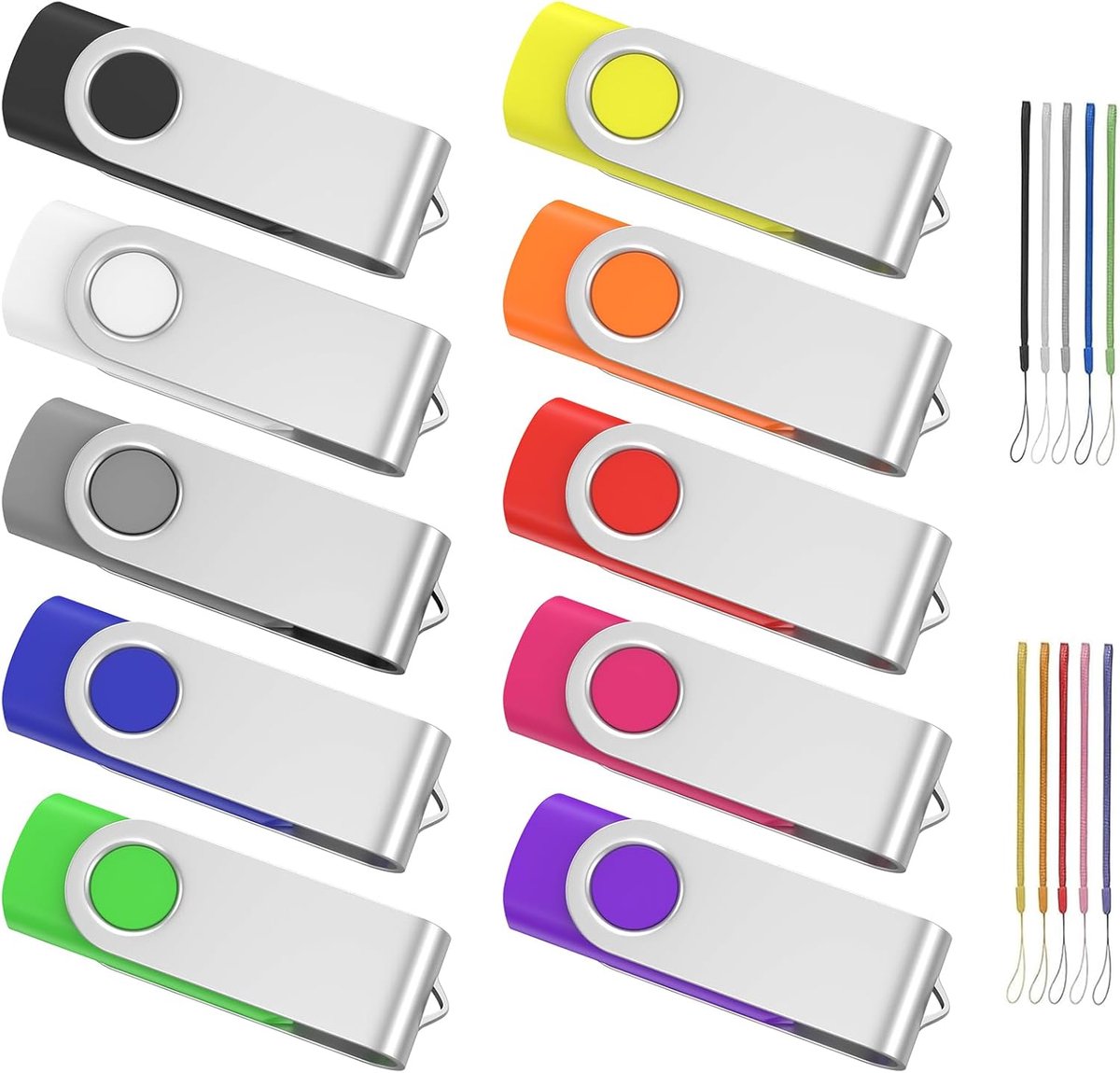 USB-stick 16GB 10 Stuks Meerkleurig Memory Stick | 16 GB USB 2.0-flashdrives Swivel geheugensticks Portable Data Storage met 10 lanyards