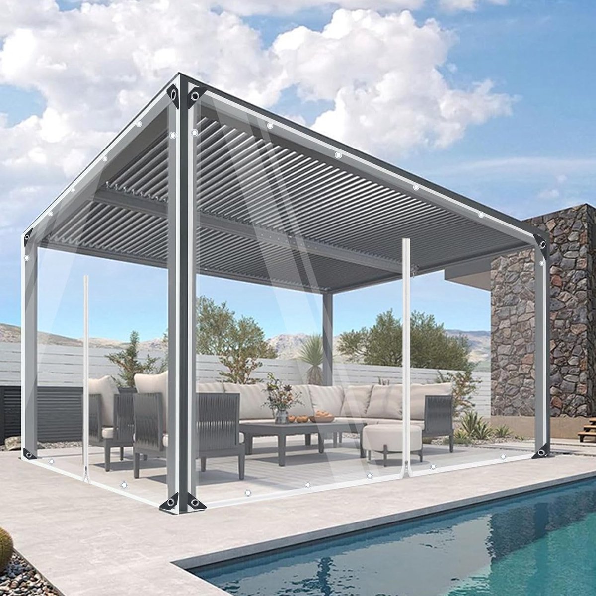 420 g/m², transparant, pvc-zeil, met inslagringen en ritssluiting, waterdicht, outdoorgordijn, windbescherming en regenbescherming voor paviljoen, carports, balkon, terras, 2 x 3 m