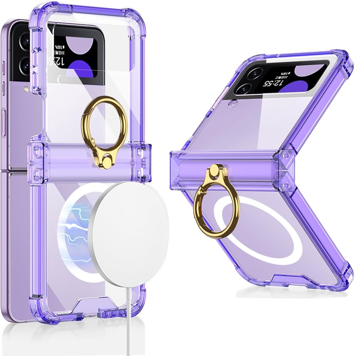 Hoes voor Samsung Galaxy Z Flip 4, doorzichtige hoes met ringhouder en scharnierbescherming, compatibel met draadloze oplader, slanke transparante harde pc-case, paars