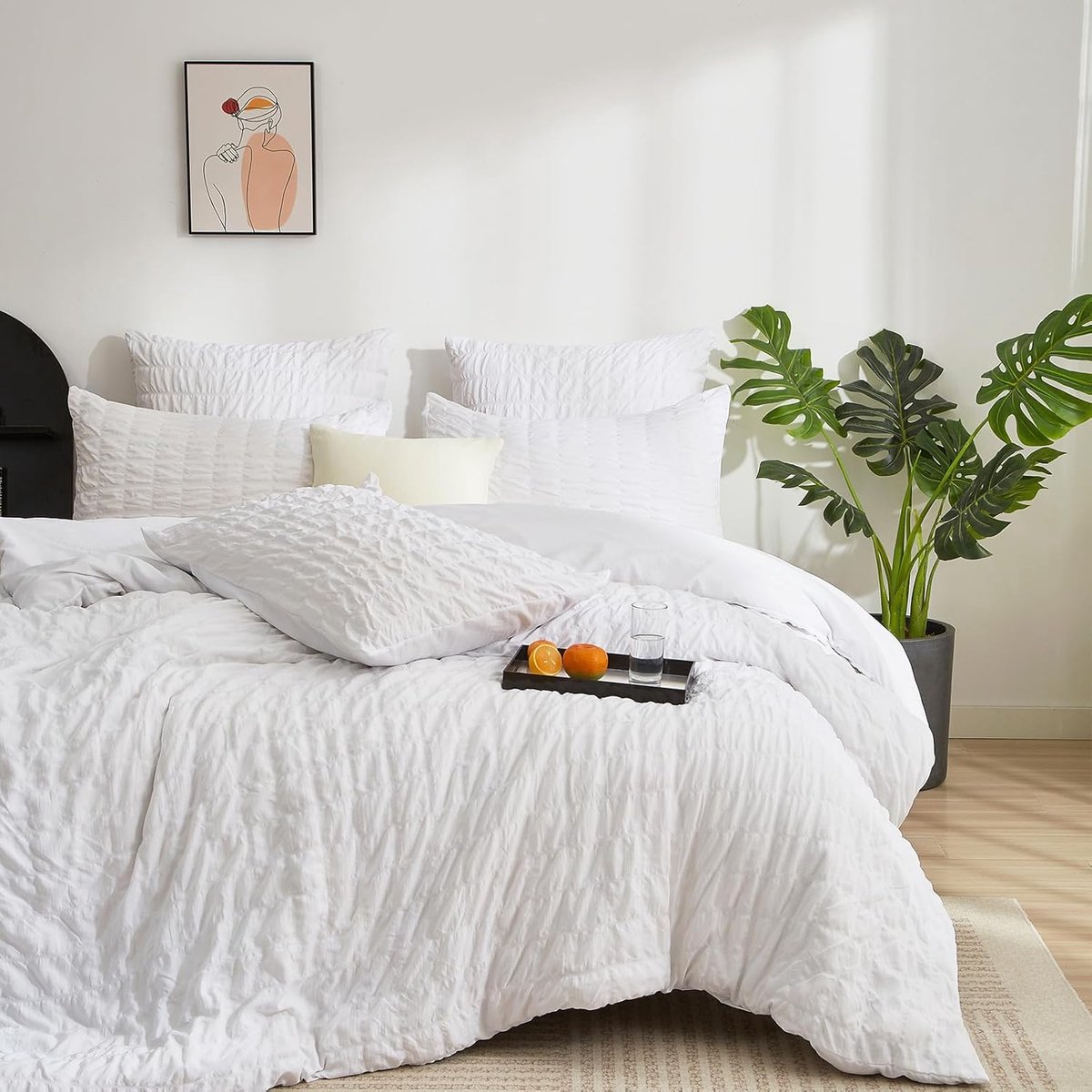 Beddengoed 200x200 wit geruit seersucker raster modern beddengoed 3-delig zacht ademend microvezel dekbedovertrek set met ritssluiting en 2 kussenslopen 80x80 cm
