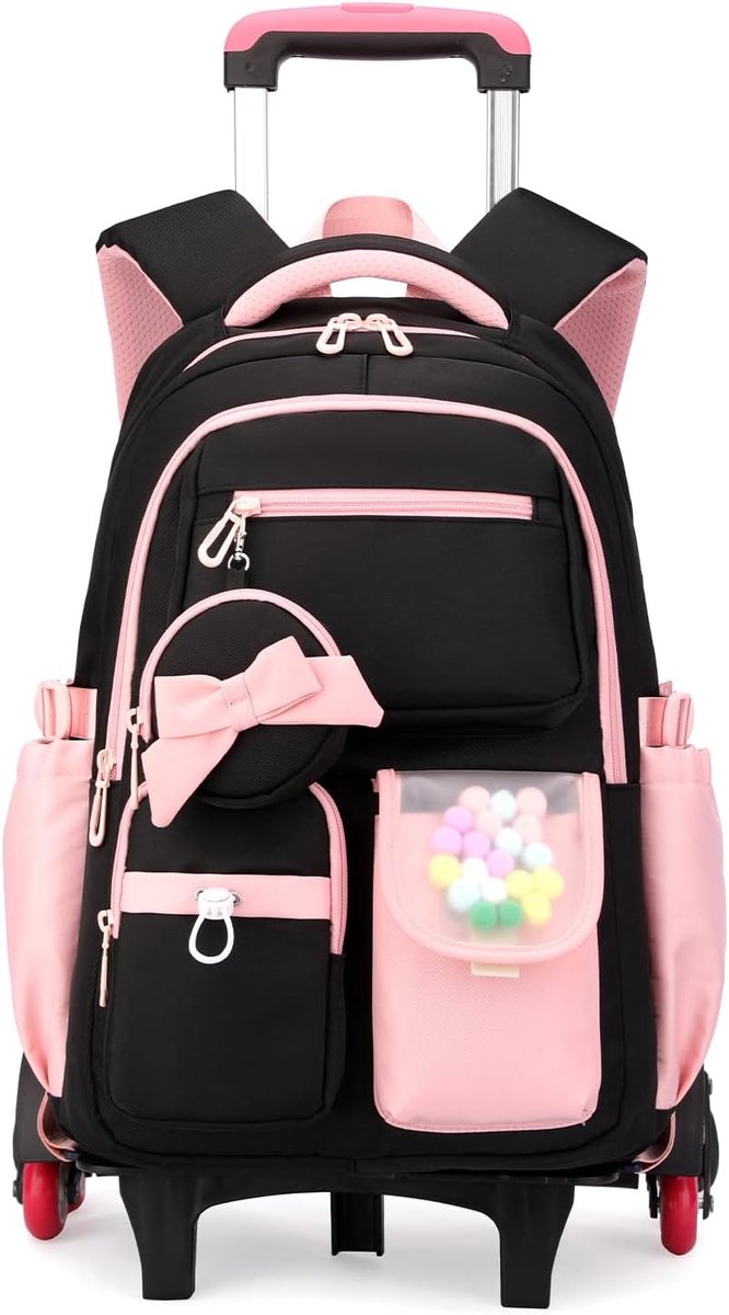 Rugzak met wieltjes, voor meisjes, 10-18 jaar, schooltrolley met 6 afneembare wielen, voor school en school, grote capaciteit voor computer 39,6 cm, zwart-roze, Rugzak