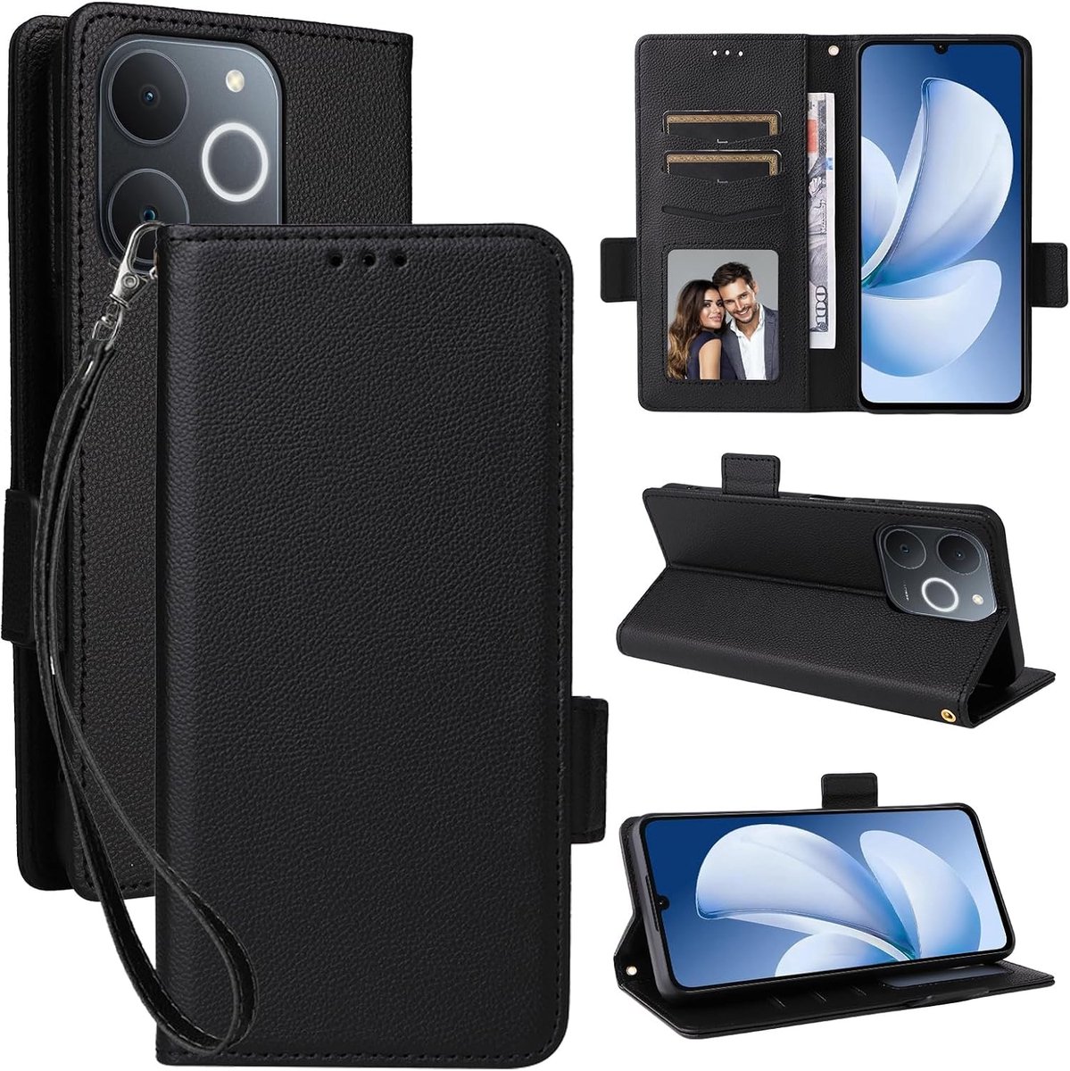 Beschermhoes voor de Realme Note 70T, PU-leer, met kaartenvak, klaphoes van leer met kickstand, zwart