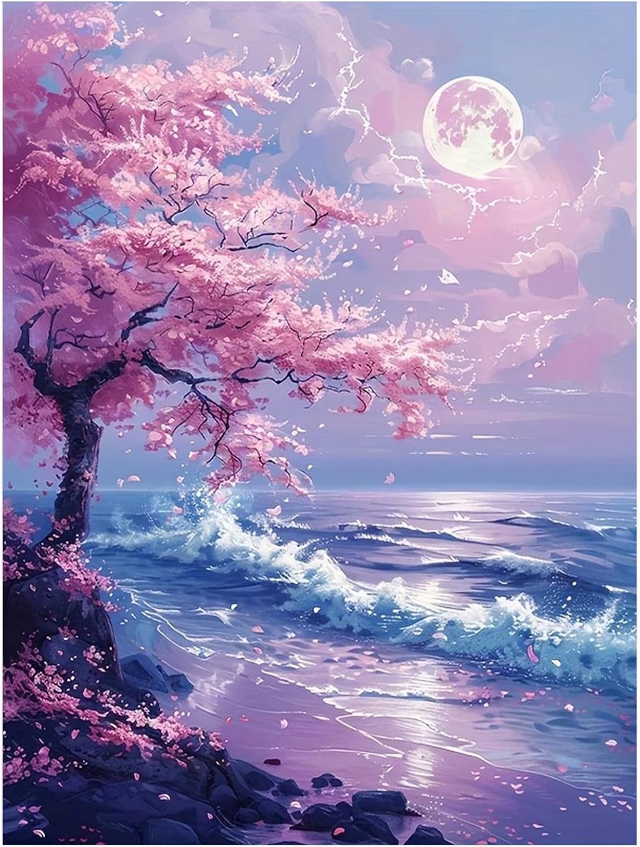 Diamond Painting kersenbloesem zee - DIY Diamond Painting Kits voor volwassenen en beginners, 5D diamantschilderset voor cadeau, voor ontspanning en als wanddecoratie 30 x 40 cm