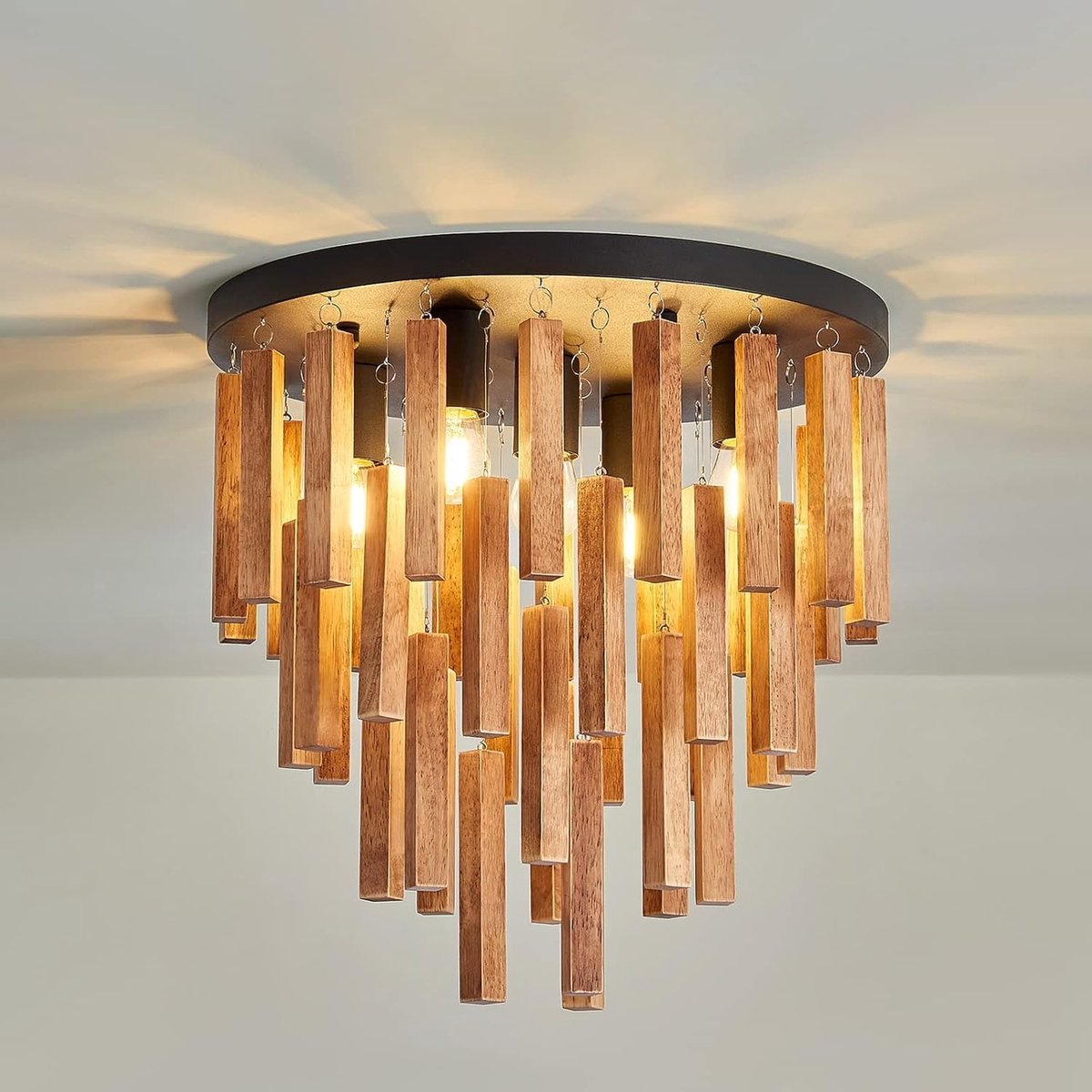 Plafondverlichting Woonkamer Boho, 40 cm Rustieke Retro Massief Hout Semi Inbouw Plafond Verlichting voor Slaapkamer Decor Lamp E27 Plafondverlichting voor Keuken Hal Boerderij Entryway
