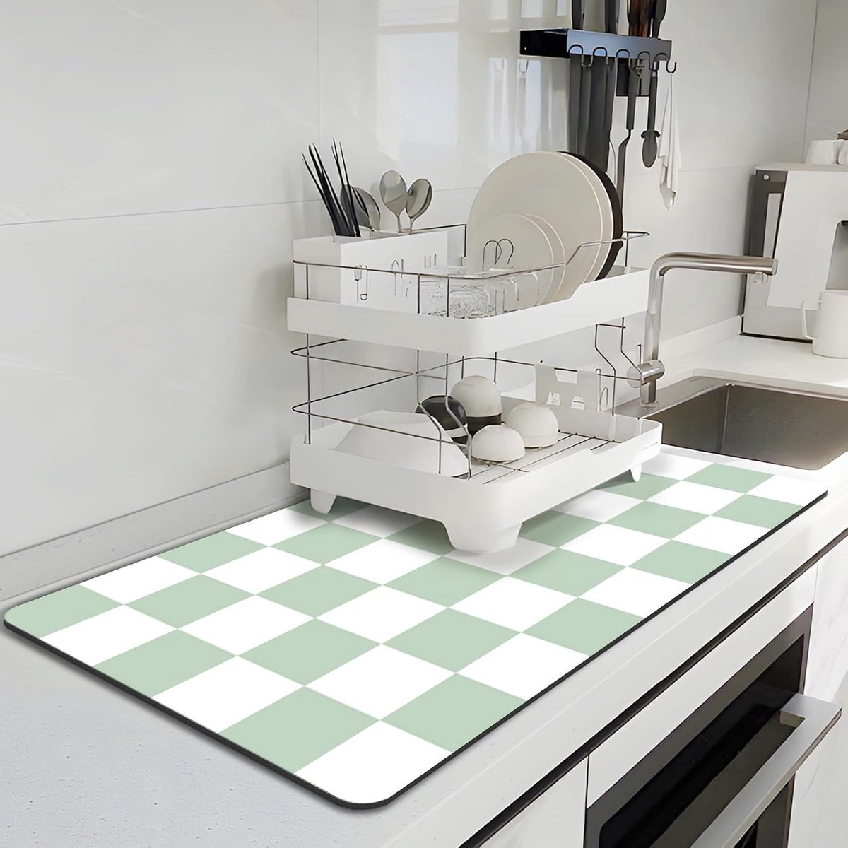 Afdruipmat Voor De Keuken, 40 x 60 Cm Koffiemat Voor Aanrechtbladen, Koffiematten Met Antislip Rubberen Achterkant, Absorberende Afdruipmat Voor Het Aanrecht, Groen & Wit