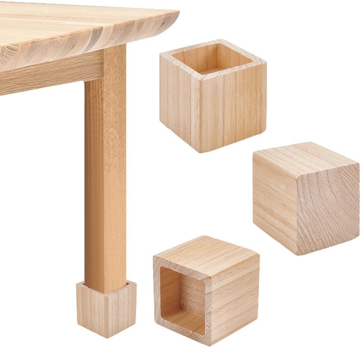 Bedverhogers, zware olifantenpoten stoelverhoger, natuurlijke vierkante houten meubellifters voor tafel, bank, fauteuils, kasten, binnendiameter: 6,2 x 6,2 cm