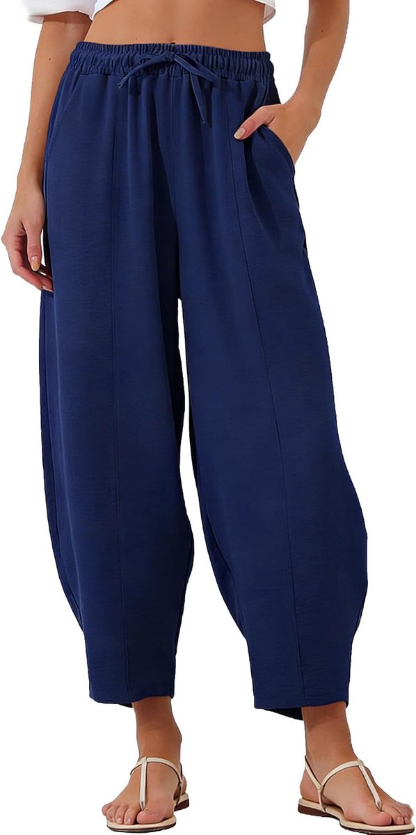 Zomer, licht, 7/8, elastisch, vloeiend, hoge taille, strandbroek, casual, met zakken