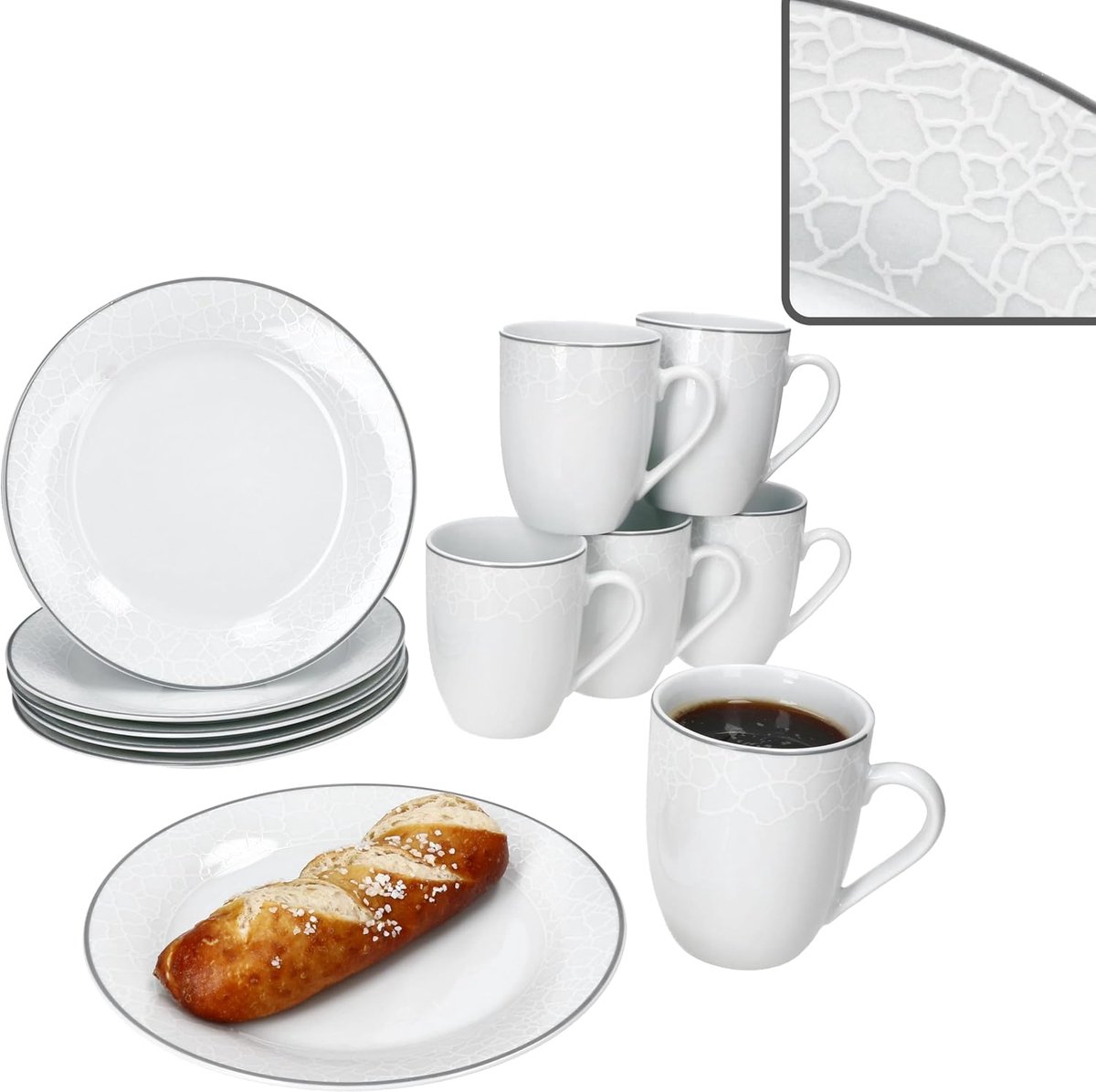 Venetië 12-delige ontbijtset, wit porseleinen servies met reliëf in kiezelsteenlook en grijze lijn, 6 x taartborden en 6 x koffiekopjes 300 ml, ontbijt- en koffietijd