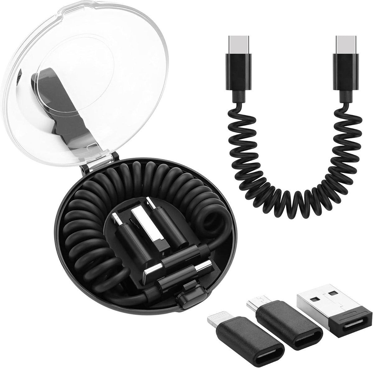 Multi USB C opgerolde oplaadkabel adapter kit multi-type USB-oplaadkabel case converter draagbare USB converter behuizing doos met iOS/Micro USB/USB A adapter (zwart)