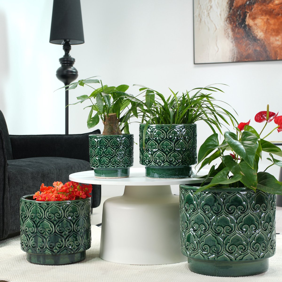 DESMIU Keramische Bloempot – Glanzend Hartreliëf – 19 Cm – Keramiek – Groen – Voor Mini Vetplanten En Tafelkruiden – Met Afvoergat