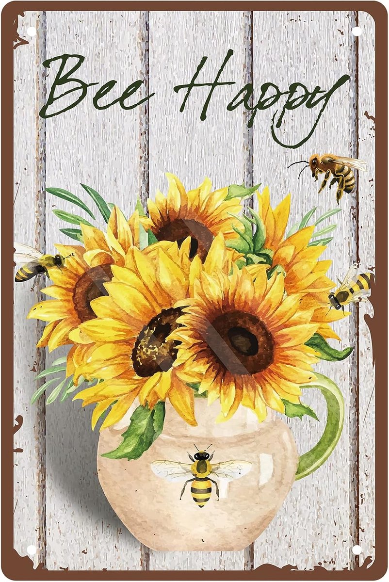 Bee Happy metalen tinnen bord zonnebloem bloem vaas metalen muur decor kunst poster vintage ijzeren schilderij retro plaquette voor thuis tuin binnen en buiten 30 x 8 x 12 inch