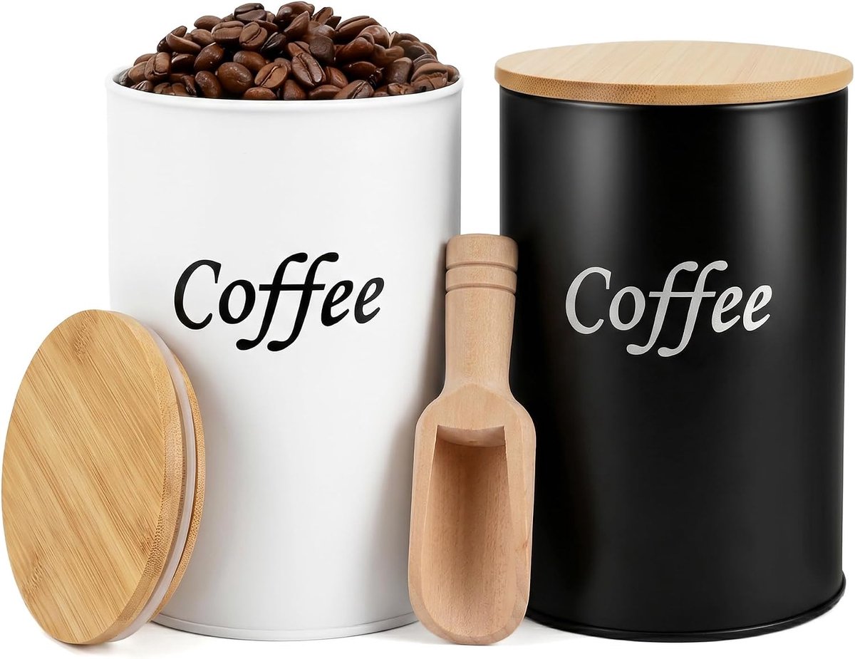 Koffieblikjes luchtdicht (zwart en wit), 1000 ml metalen container met 2 houten koffielepels en bamboedeksel, luchtdichte aromadoos voor gemalen koffie, koffiepoeder, thee en specerijen