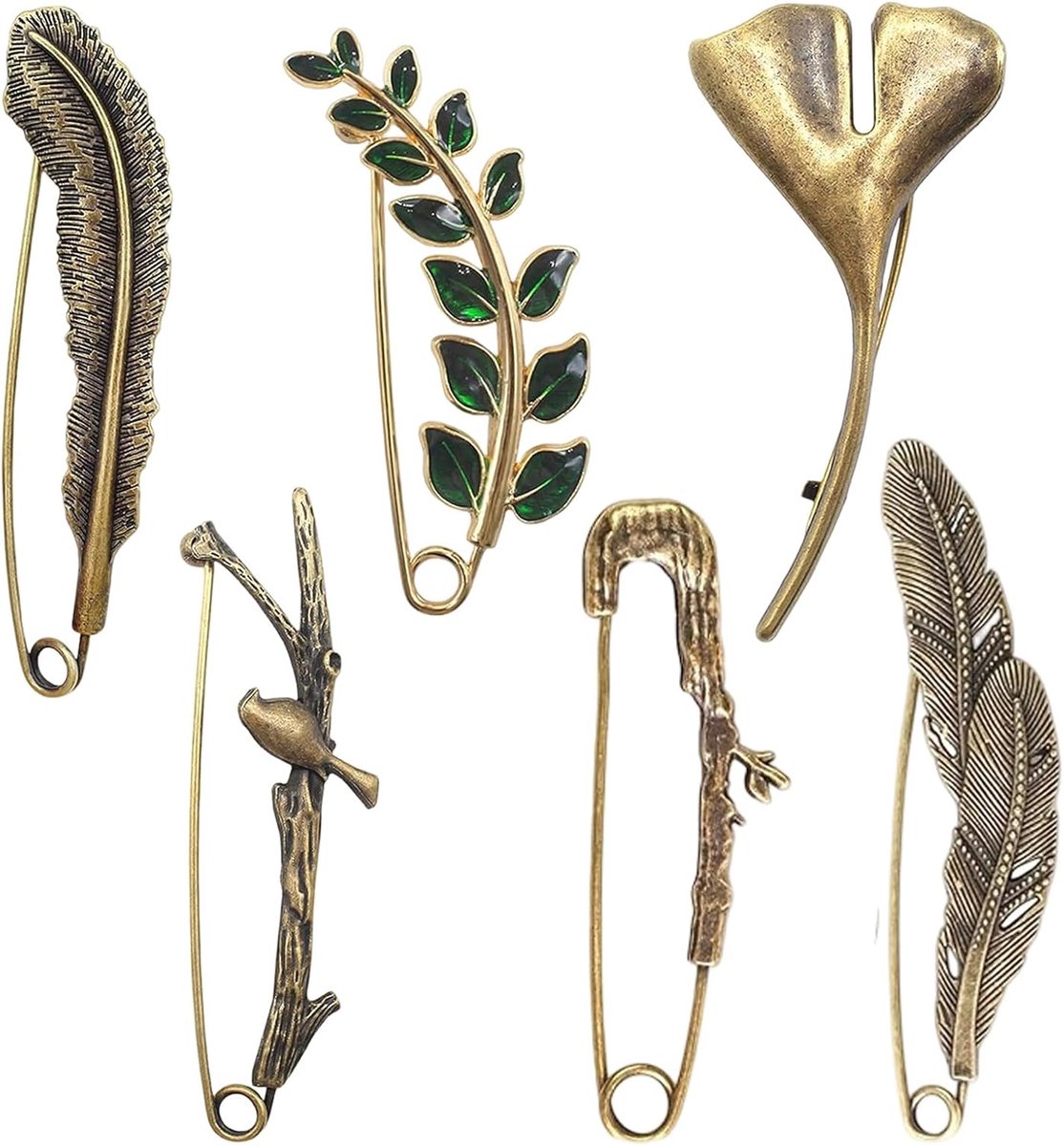 Reversspelden, 6 stuks antiek bronzen reversspelden - takken, bladeren en veren, veiligheidsspeld voor mannen en vrouwen, decoratieve spelden voor kleding