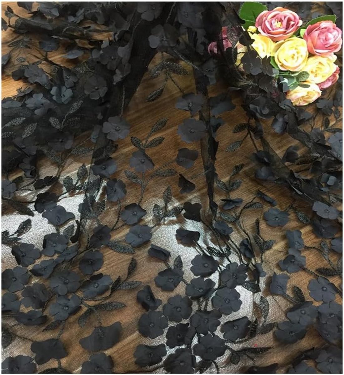 Stof, 130 cm x 1 m, 3D-bloemen, geborduurde tulestof, transparante netstof voor naaien, mode, kantstof voor doe-het-zelf, knutselen, bruiloftsjurk, tule rokken, kostuums, woondecoratie
