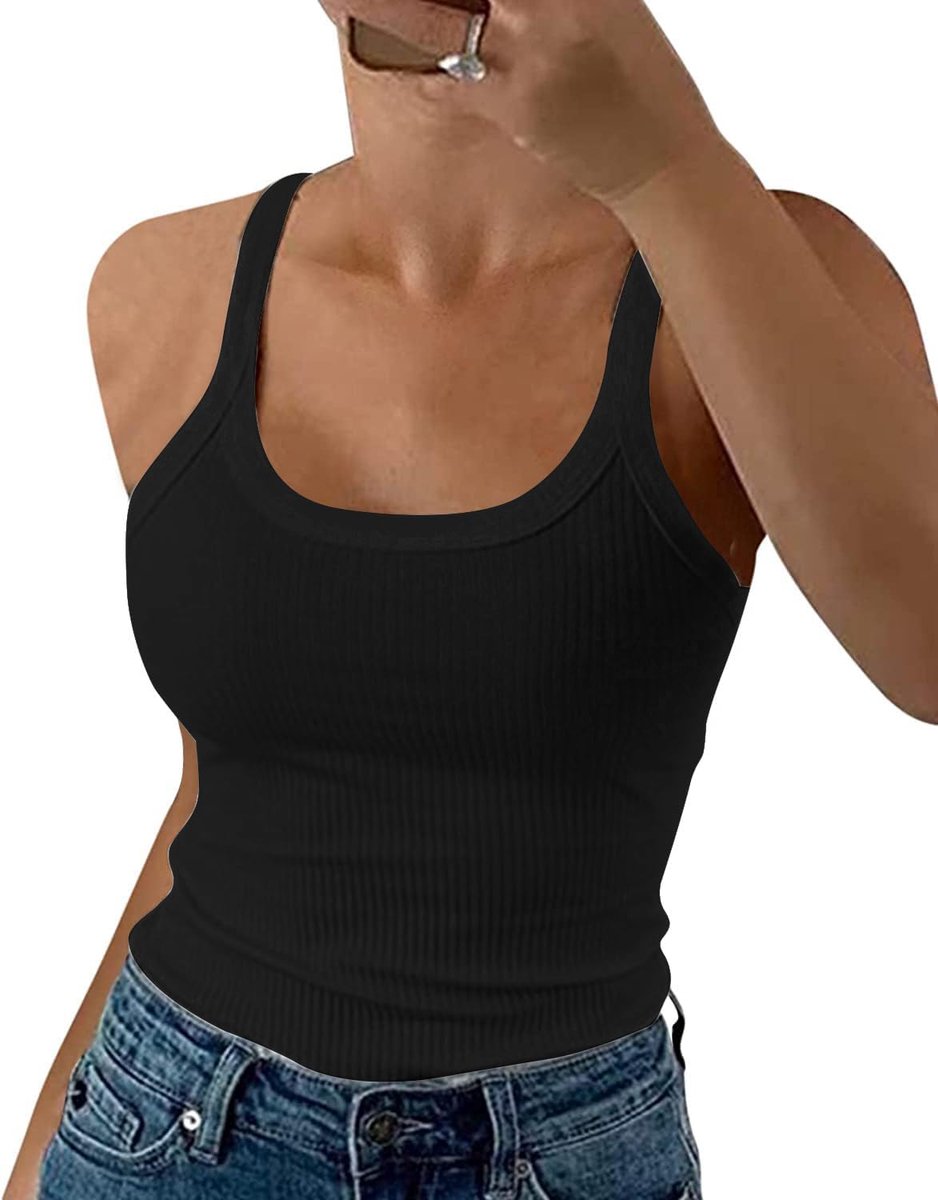 Spaghetti Top voor dames, zomer, 2025, geribbeld, ronde hals, tanktop, basic, effen, slim fit, stretch top