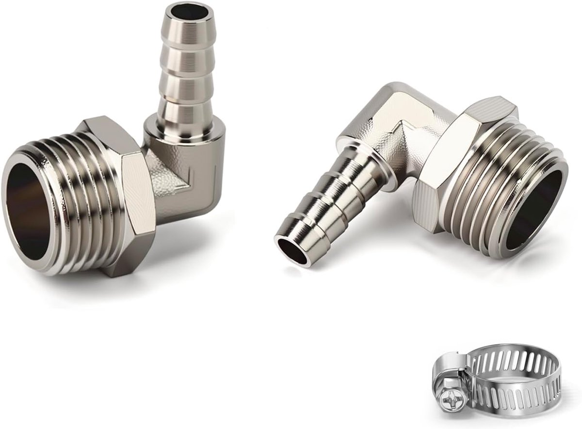 2 stuks Vernikkeld Messing Draaibare Buitendraad Slangstomp Bocht, 90 Grad BSP Buitendraad Pagoda Bochtfitting, 8mm Slangstomp × 3/8 BSP Buitendraad Pneumatische Bochtconnector