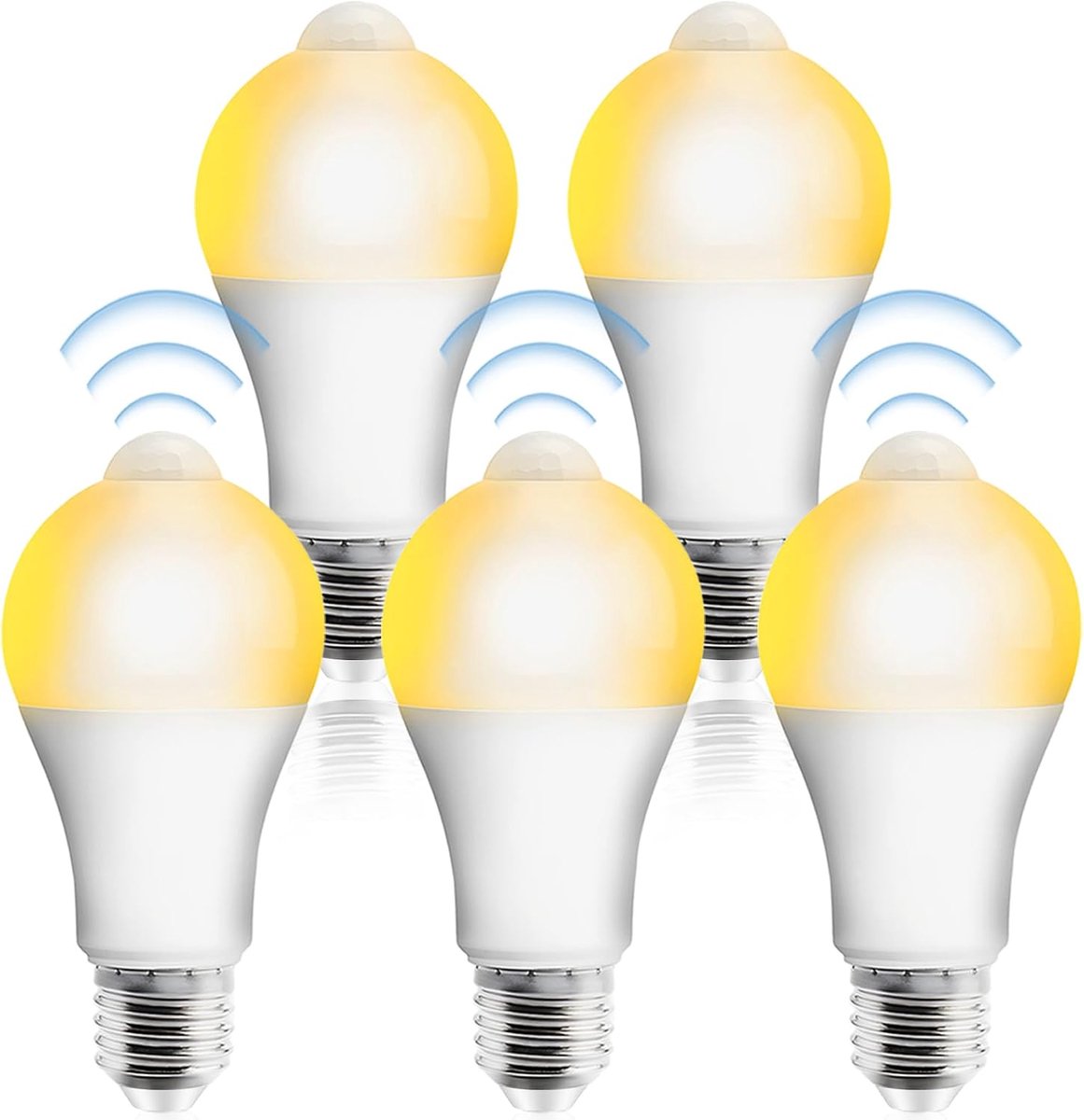 Set van 5 led-gloeilampen met PIR-bewegingsmelder, 12 W, warm wit, 2700 K, niet dimbaar, 120 graden stralingshoek, 1100 lumen, 80 Ra, lichtsensor, spaarlamp voor hal, garage, trap, balkon, set van 5