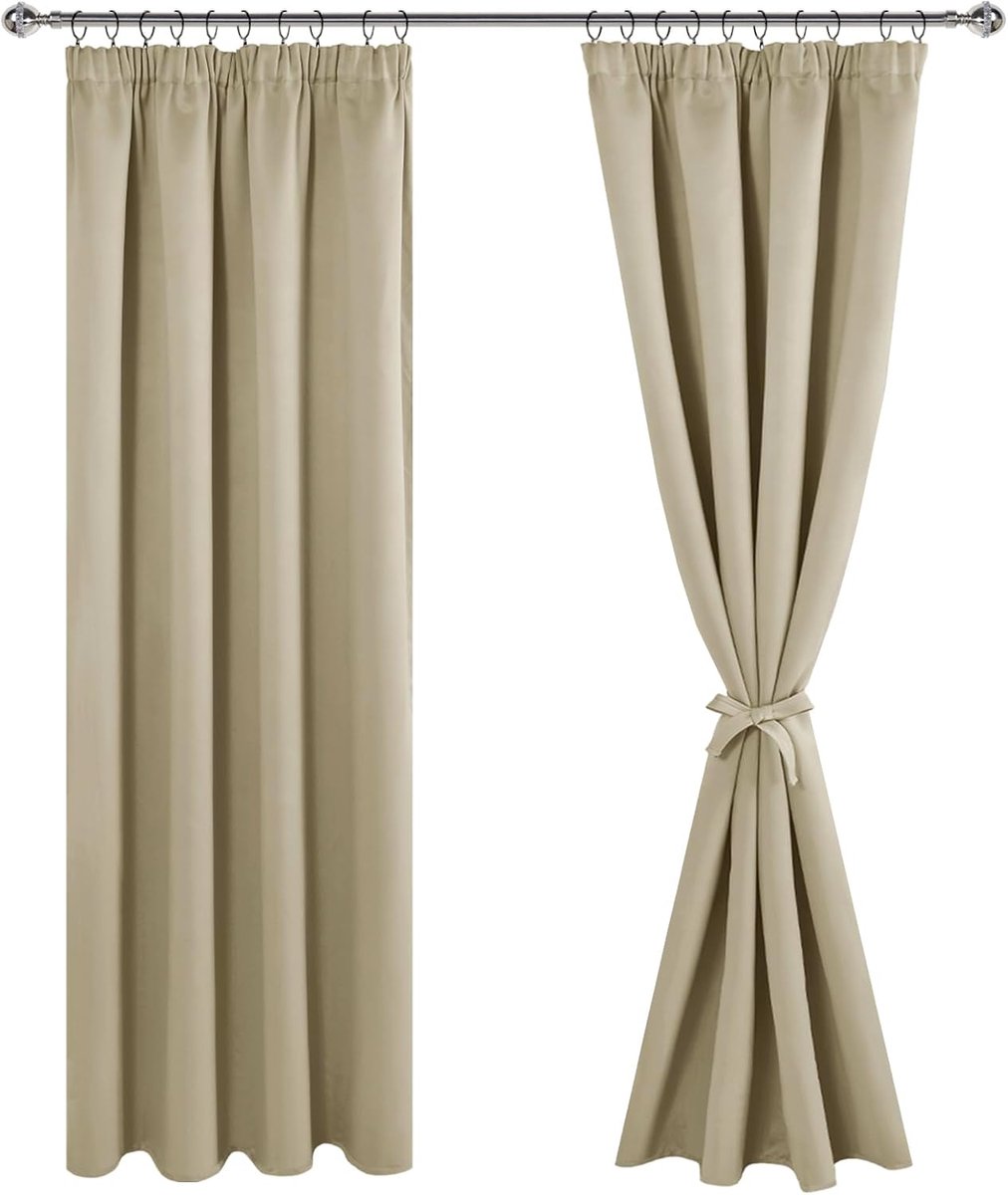 Gordijnen, lichtblokkerend, met plooiband, verduisteringsgordijnen, voor woonkamer en slaapkamer, thermogordijn, taupe, H228 x B117cm, set van 2 stuks