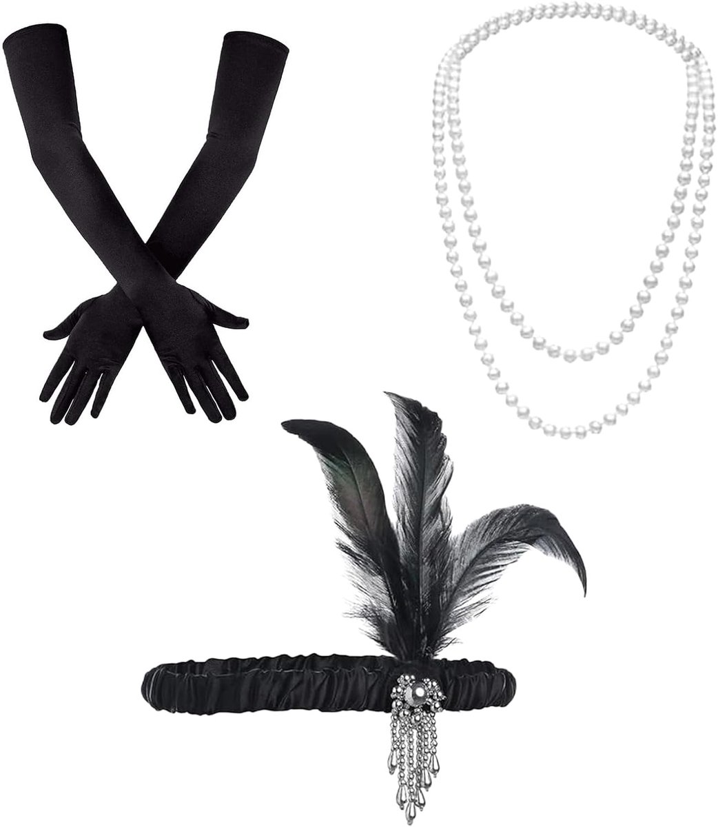 1920s flapper accessoireset Great Gatsby kostuum accessoires met veren hoofdband, lange handschoenen en parelketting voor vrouwen, Roaring 20s party carnaval