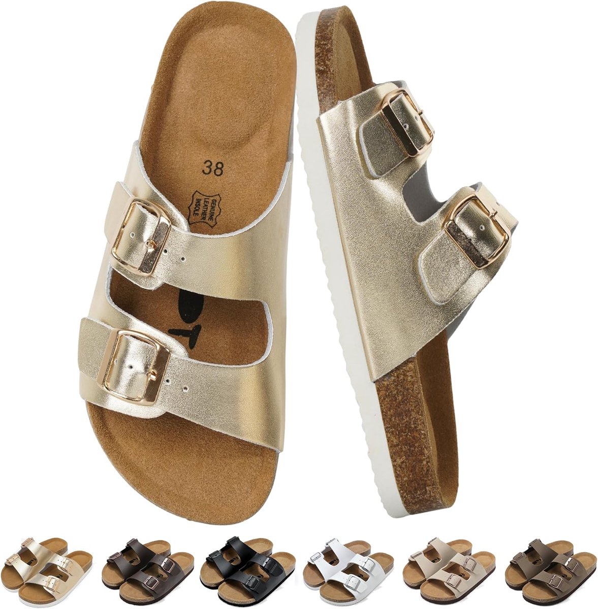 Dames met Kurken Voetbed Twee Verstelbare Gespen 36-42EU | Comfortabel Sandalen Platte met Kurken Voetbed en Memory Foam, Lichtgewicht Antislip Pantoletten met Voetboog Ondersteuning