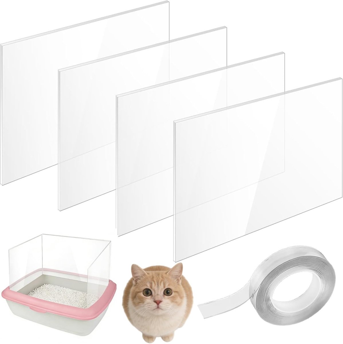 Set van 4 kattentoiletten, spatbescherming, 30 x 40 cm, met 1 rol nano-klittenband, hoge zijbescherming met open bovenkant tegen strooisel en urine, gemakkelijk te reinigen afscherming voor open