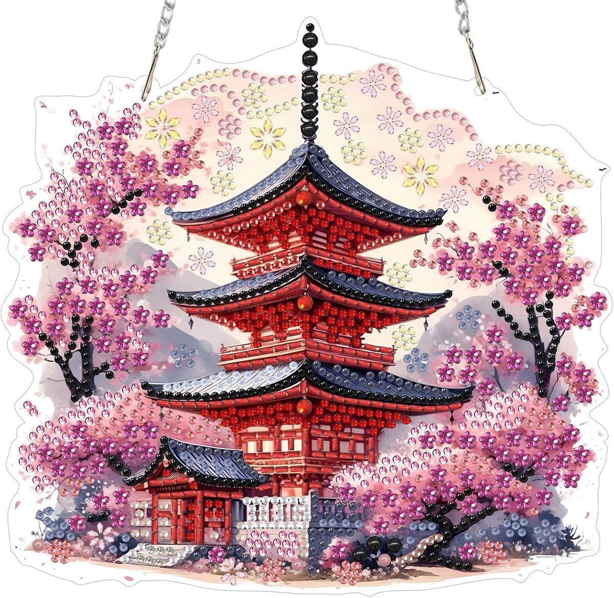 Hanging 5D DIY Diamond Art Kits Adults, Tower Cherry Blossoms Diamond Painting Kit for Beginners Kids Suncatcher, Arts and Craft Kits for Adults Kids Home Wall Decor