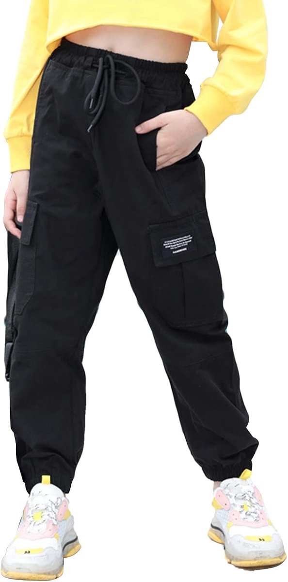 Cargobroek voor meisjes, vrijetijdsbroek, hiphop-broek met elastiek, sportbroek, joggingbroek met zakken, trekkoord, trainingsbroek, sport, vrije tijd, streetwear, 100-160 cm