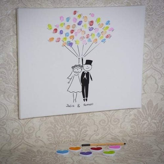 Canvas voor vingerafdrukken DIY bruiloft, jubileum, familiefeest, feest, verjaardag als gastenboek incl. stempelkussen en pen - motief bruidspaar - 50x50cm — afbeelding 5