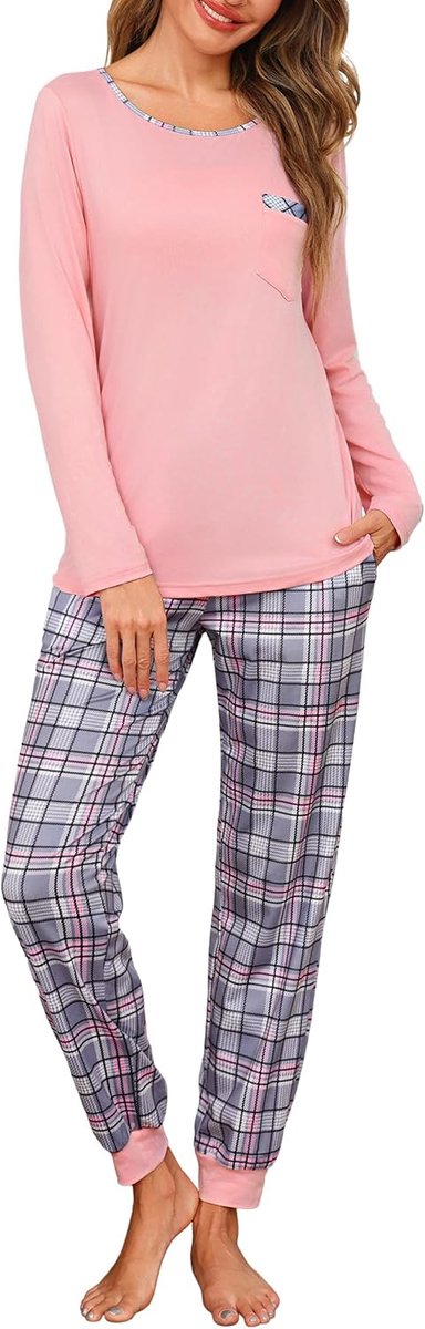 Pyjama voor dames, lang, geruit, tweedelige pyjamaset, ronde hals, bovendeel en pyjamabroek, loungewear, huispak voor volwassenen en vrouwen