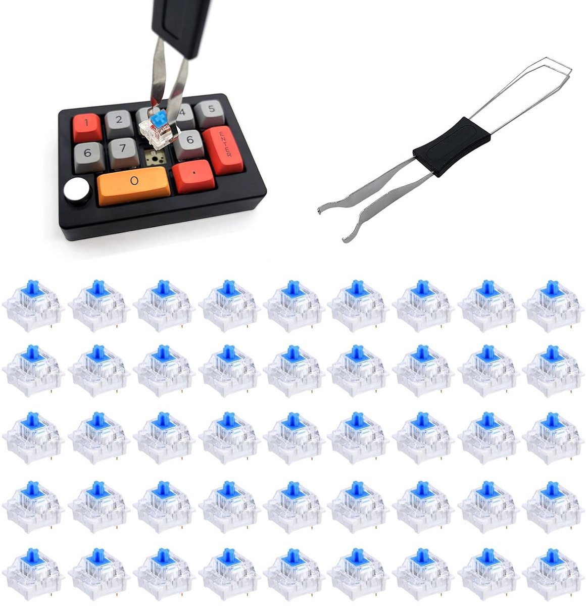 45 stuks mechanische blauwe toetsenbordschakelaars, compatibel met MX
