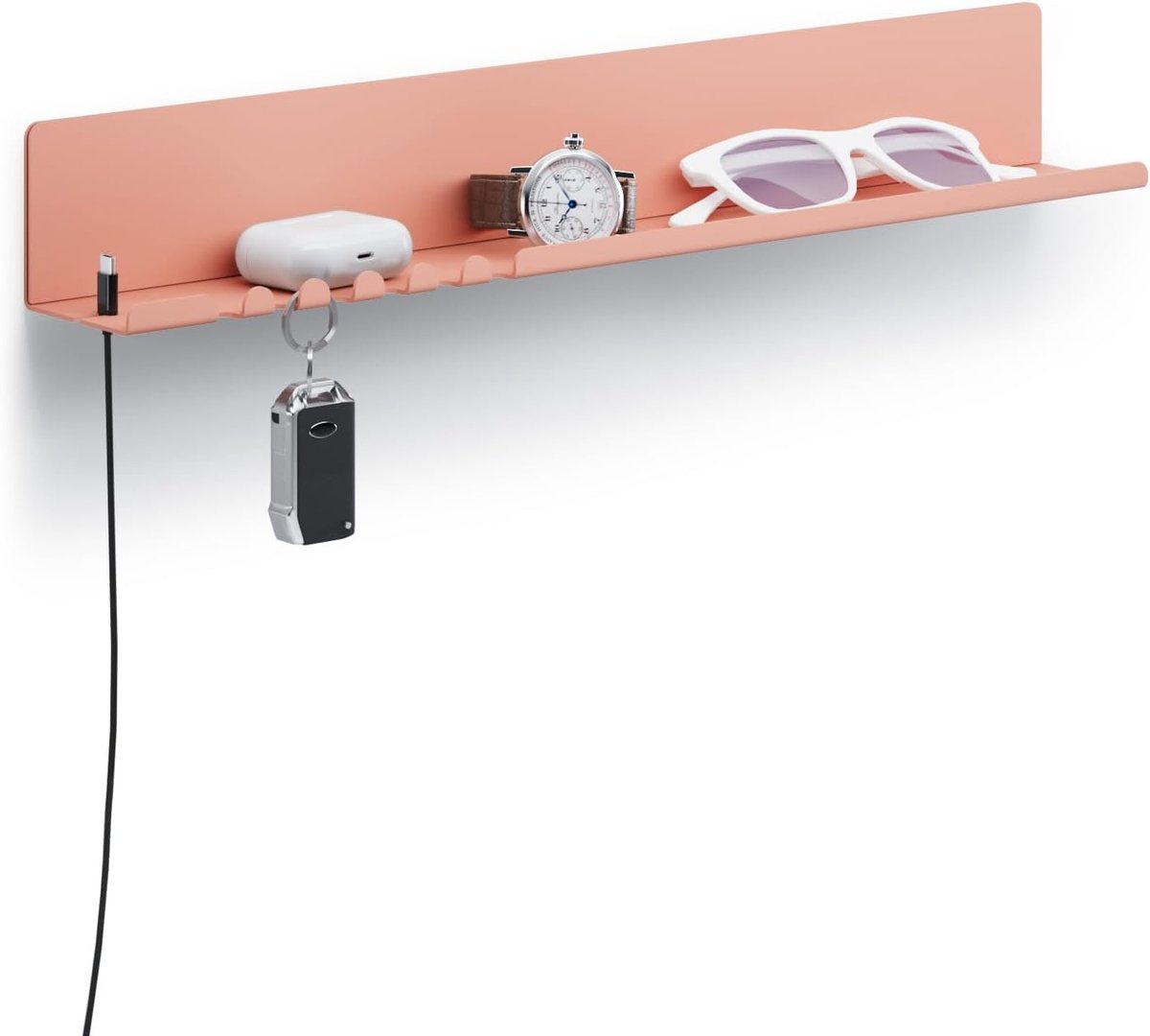 Byde Helke Wandplank, 44 x 6 x 6 cm, organizer voor sleutels, brieven en kleine voorwerpen. Sleutelhaken, 5 sleutelhaken, kabelhouder voor oplader. Kleur Beige Rood
