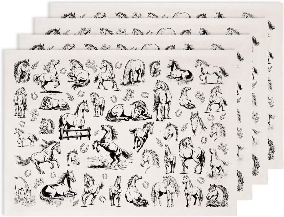 Stickers, papier, keramiek, paard, ranch, onderglazuur, 4 vellen, 52 x 37 cm, zwart, voor inmaakpotten, platte kopjes, handgemaakt