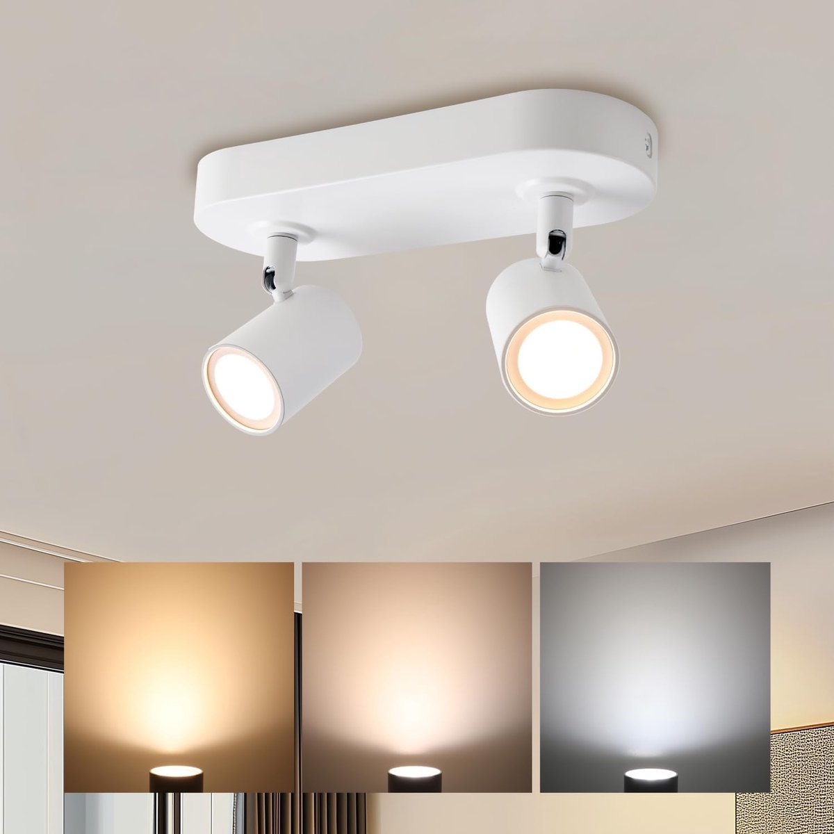 Da LIGHT Led-plafondlamp, 2 lichtpunten, draaibare plafondspot, 3CCT spotlamp, warmwit/neutraal wit/koudwit, wandspot modern, 230 V, wit, voor woonkamer, slaapkamer, keuken